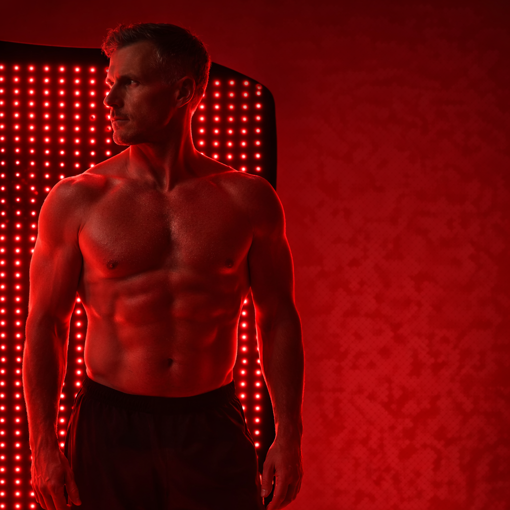 Man standing in front of the InfraHeal red light therapy mat hung on a door