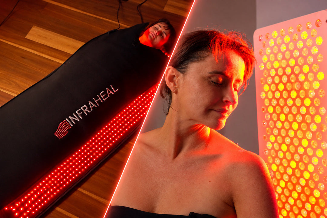 Red light therapy at home: person lying in the InfraHeal Pod beside a woman using an InfraHeal red light panel